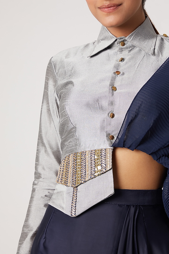 Midnight Blue Pencil Skirt With Grey Draped Jacket by Rishi & Vibhuti at Pernia's Pop Up Shop