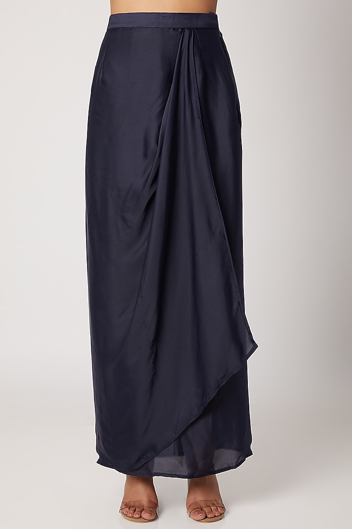 Midnight Blue Pencil Skirt With Grey Draped Jacket by Rishi & Vibhuti at Pernia's Pop Up Shop