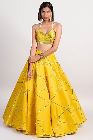 Orche Yellow Embroidered Lehenga Set by Rishi & Vibhuti