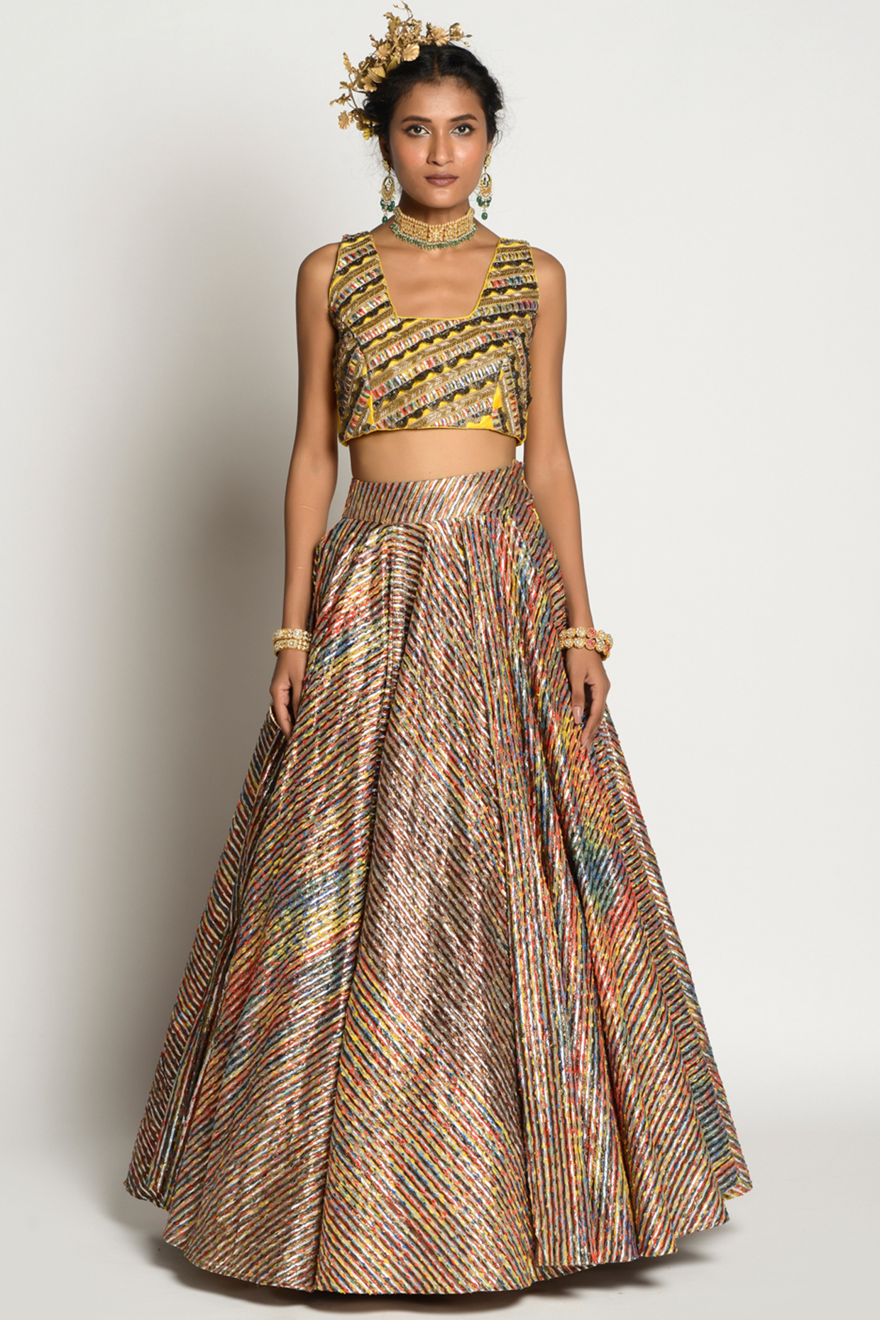 Multi Colored Dupion & Silk Skirt Set by Rishi & Vibhuti at Pernia's Pop Up Shop