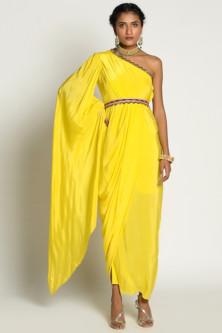 Yellow Embellished Draped Dress by Rishi & Vibhuti