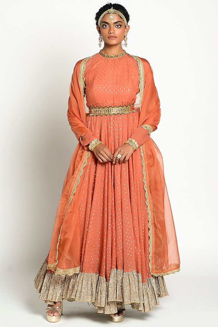 Rust Embellished Anarkali Set by Rishi & Vibhuti