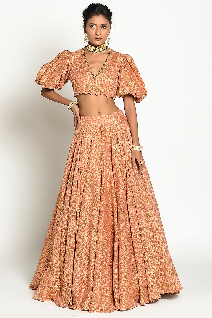 Rust Beige Embellished Skirt Set by Rishi & Vibhuti