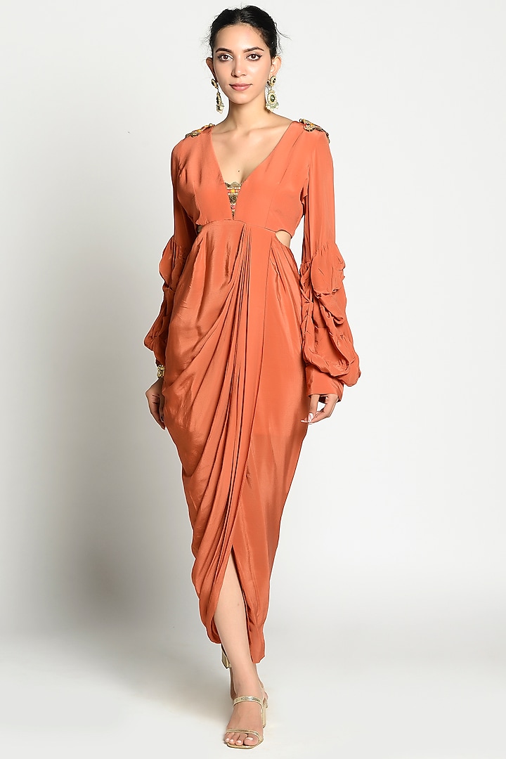 Rust Embellished Draped Dress by Rishi & Vibhuti
