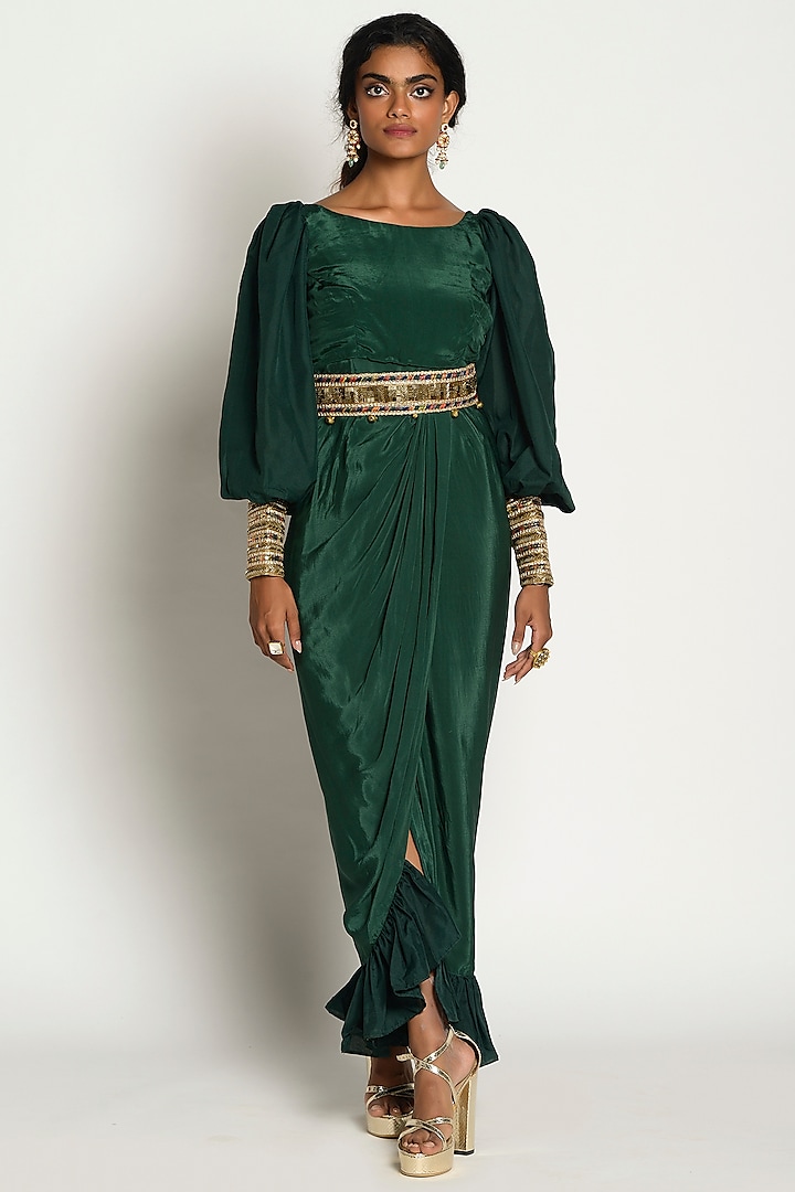 Emerald Green Embellished Draped Vacation Dress by Rishi & Vibhuti at Pernia's Pop Up Shop