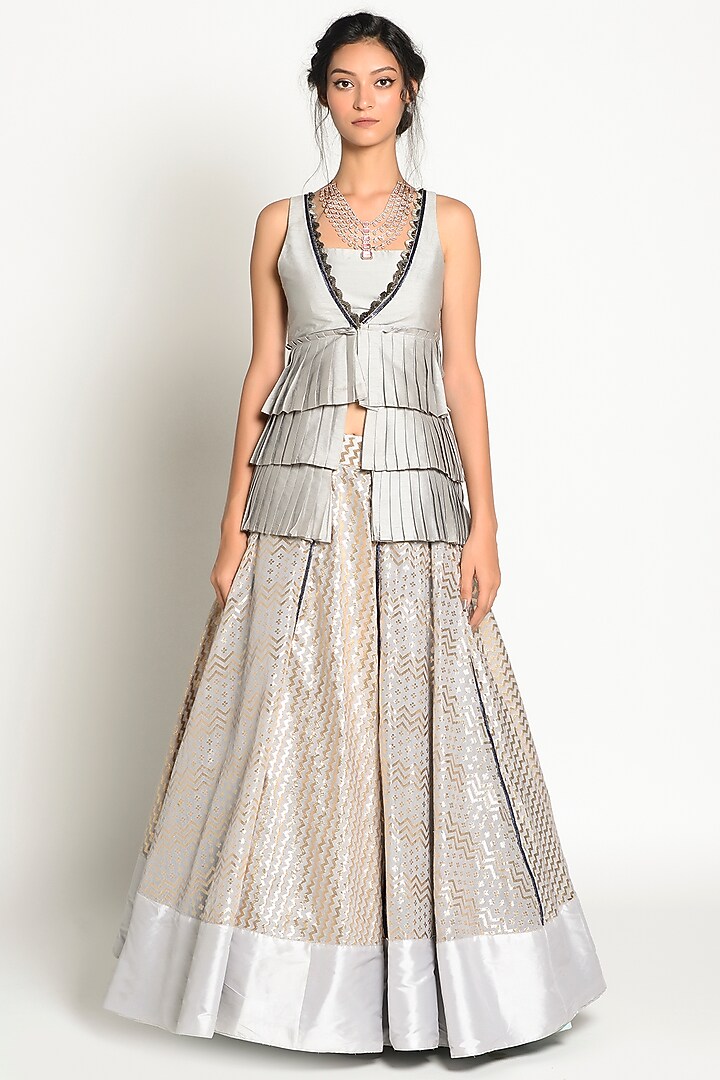 Dusty Grey Paneled Skirt Set by Rishi & Vibhuti at Pernia's Pop Up Shop