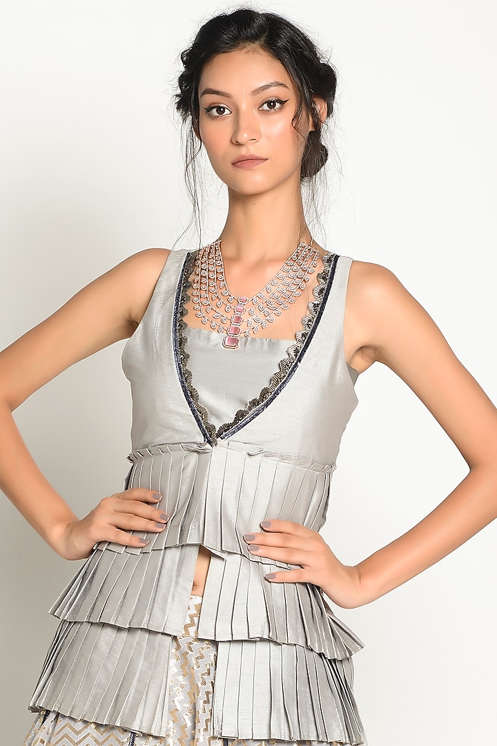 Dusty Grey Paneled Skirt Set by Rishi & Vibhuti at Pernia's Pop Up Shop