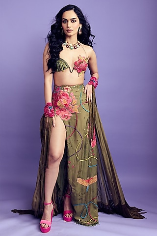 Olive Green Organza Hand Embellished Cape Set by Rishi & Vibhuti