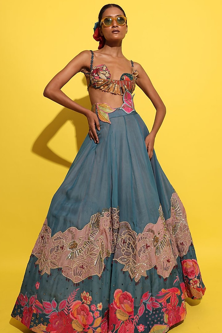 Cyan Blue Organza Floral Hand Embroidered Wedding Lehenga Set by Rishi & Vibhuti at Pernia's Pop Up Shop