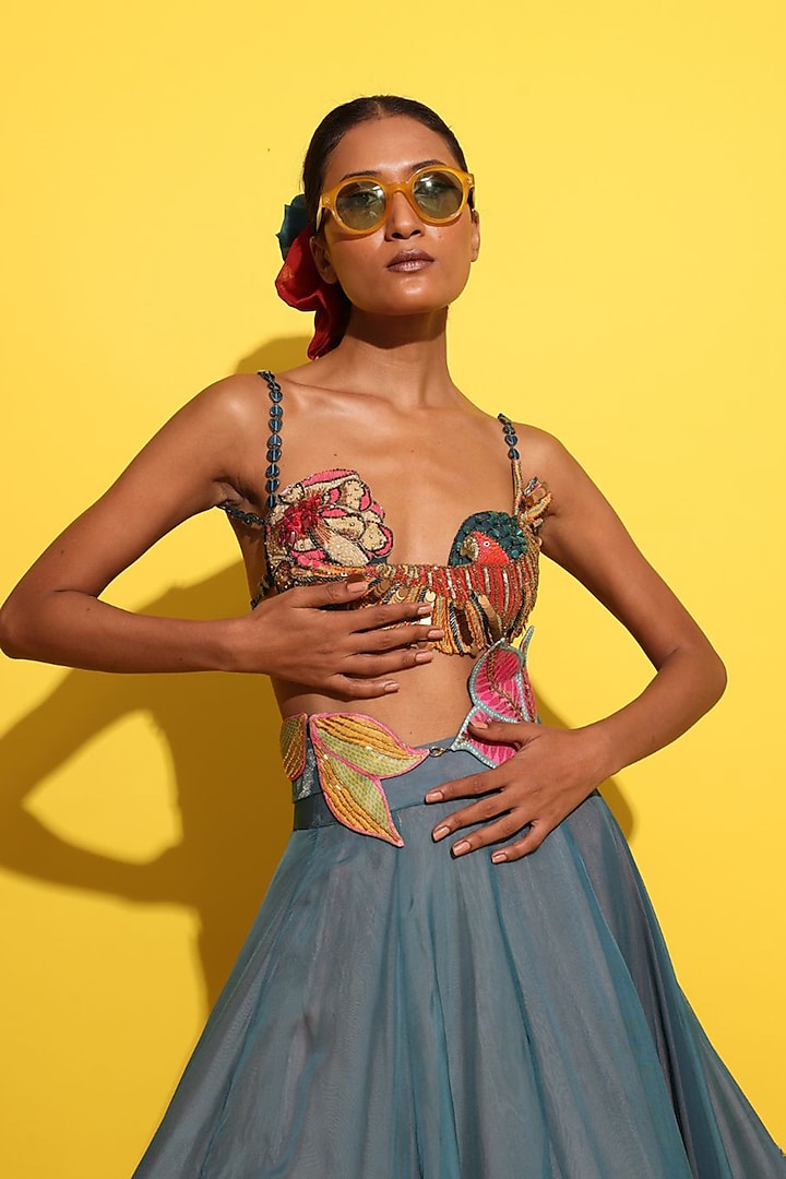 Cyan Blue Organza Floral Hand Embroidered Bridal Lehenga Set by Rishi & Vibhuti at Pernia's Pop Up Shop