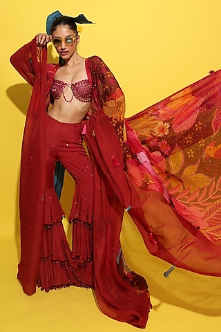 Crimson Red Crepe & Organza Floral Hand Embellished Cape Set by Rishi & Vibhuti