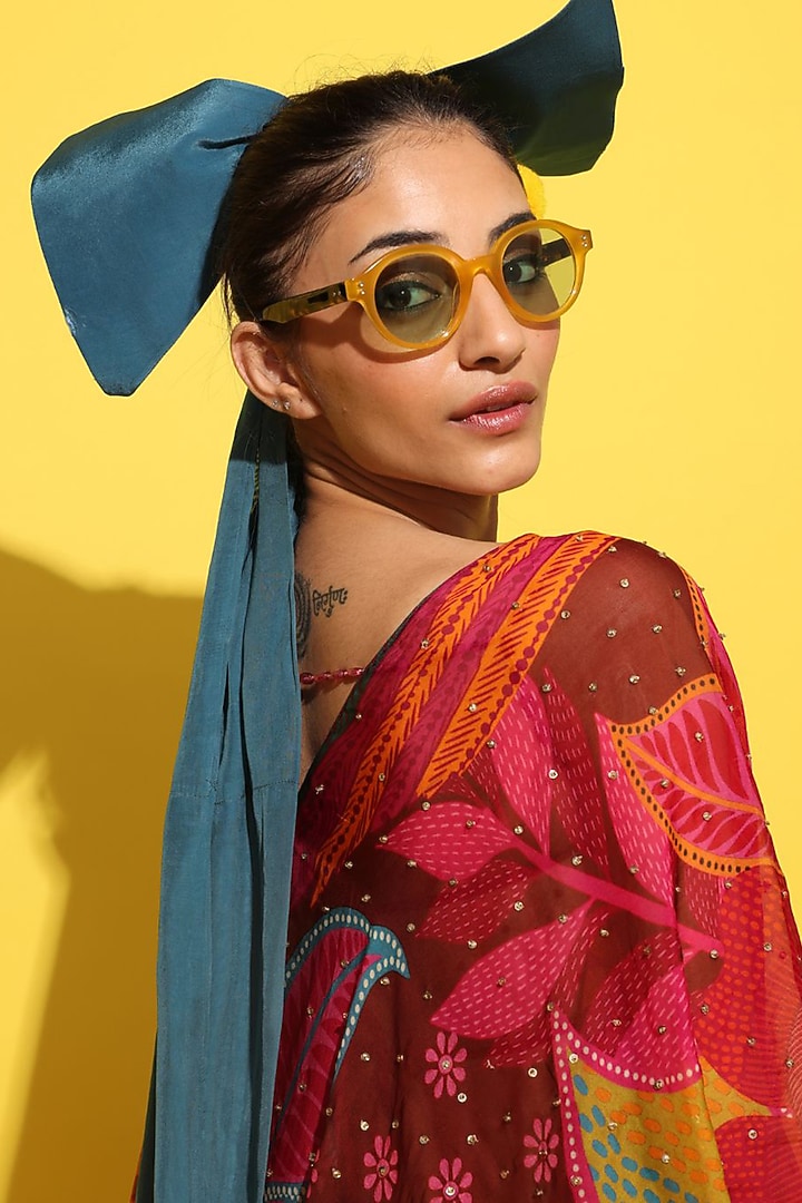 Crimson Red Crepe & Organza Floral Hand Embellished Cape Set by Rishi & Vibhuti at Pernia's Pop Up Shop