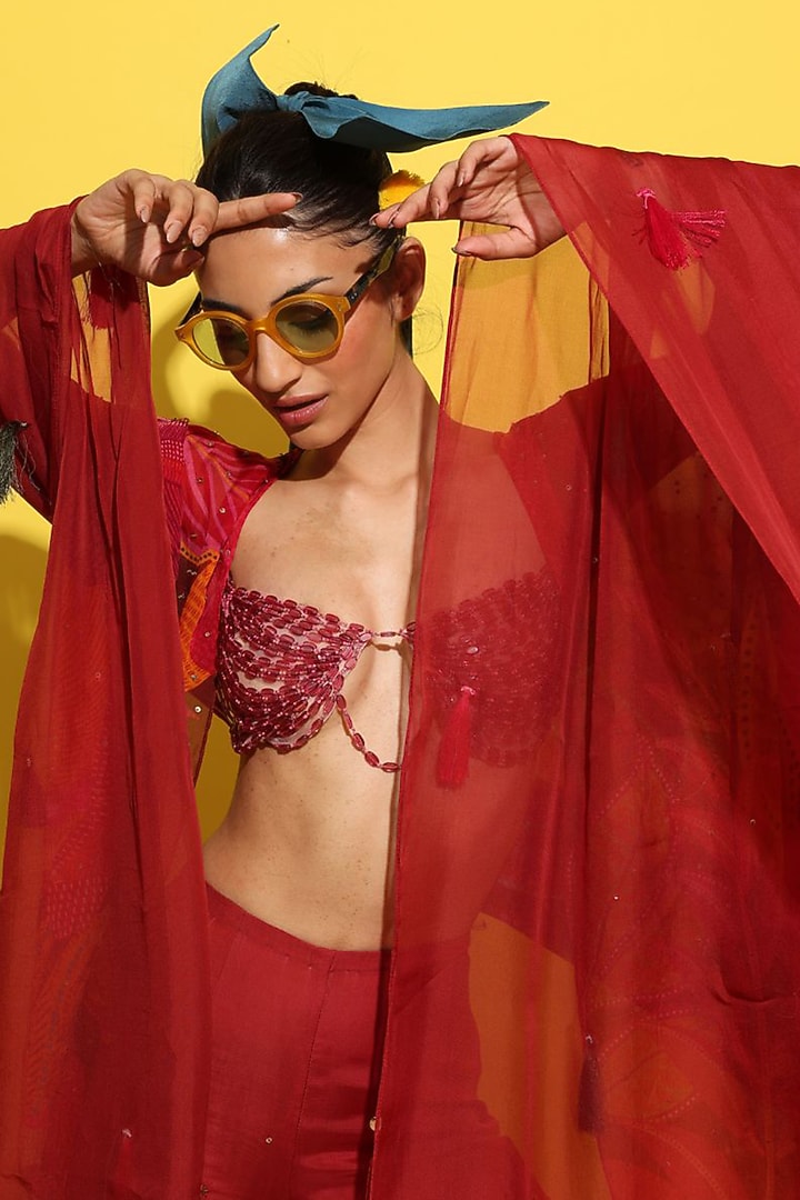 Crimson Red Crepe & Organza Floral Hand Embellished Cape Set by Rishi & Vibhuti at Pernia's Pop Up Shop