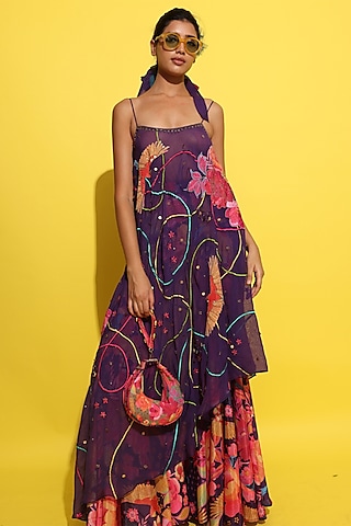 Purple Organza & Crepe Hand Embellished Cape Set by Rishi & Vibhuti