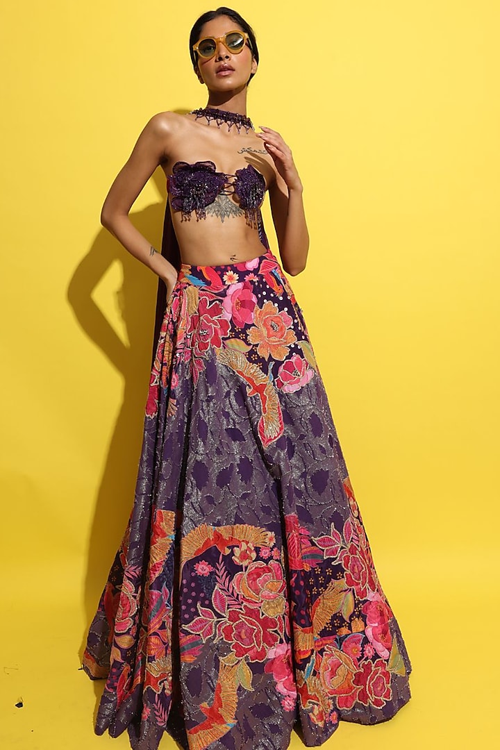 Purple Lurex Jacquard Hand Embellished Bridal Lehenga Set by Rishi & Vibhuti at Pernia's Pop Up Shop