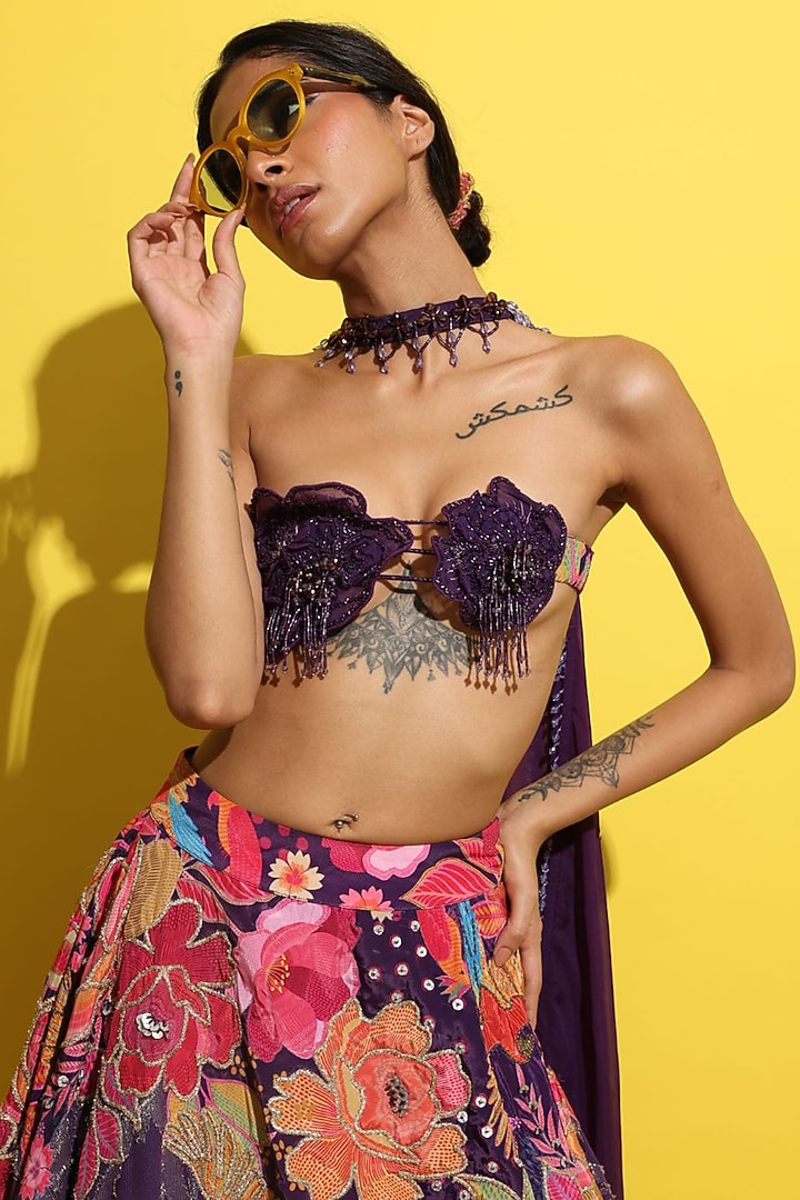 Purple Lurex Jacquard Hand Embellished Bridal Lehenga Set by Rishi & Vibhuti at Pernia's Pop Up Shop