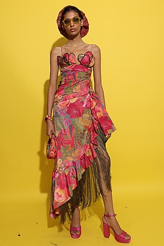 Olive Crepe Hand Embroidered Draped Dress by Rishi & Vibhuti
