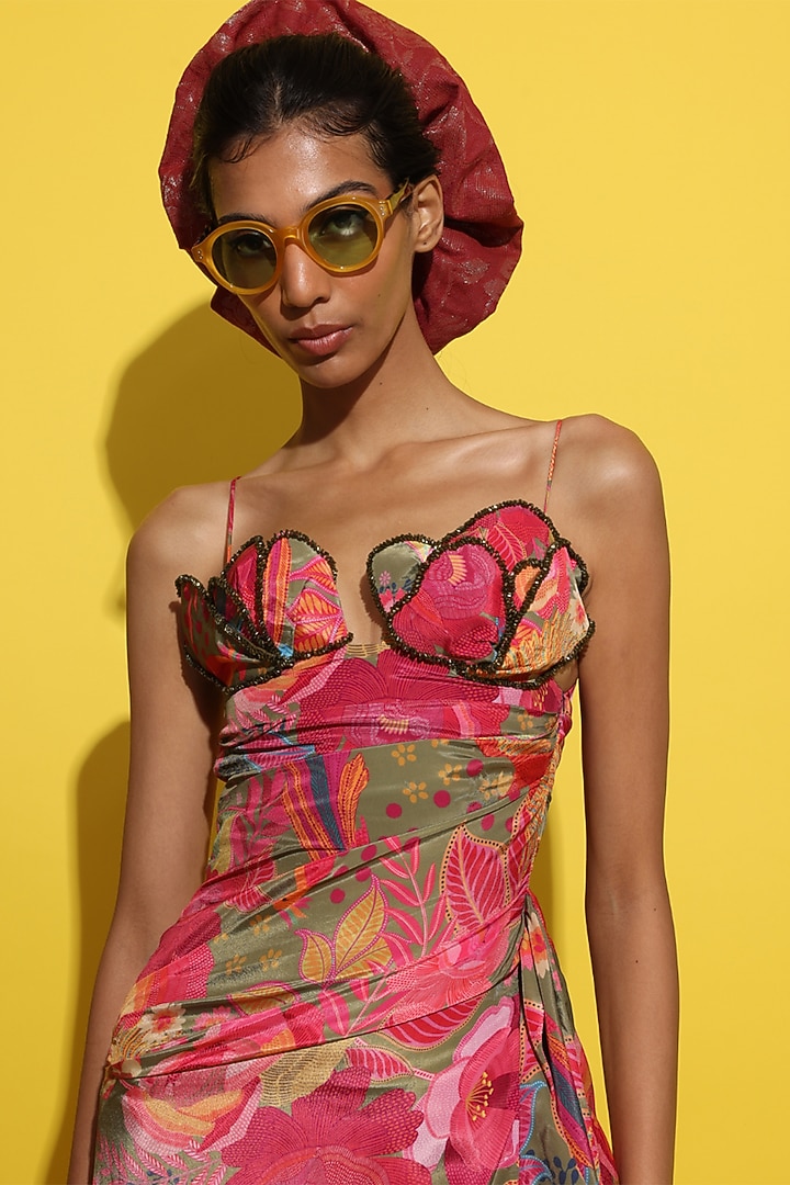 Olive Crepe Hand Embroidered Draped Cocktail Dress by Rishi & Vibhuti at Pernia's Pop Up Shop