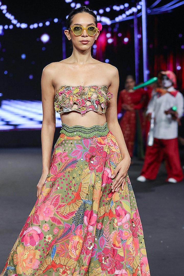 Olive Crepe Cutwork Patch Hand Embellished Wedding Lehenga Set by Rishi & Vibhuti at Pernia's Pop Up Shop
