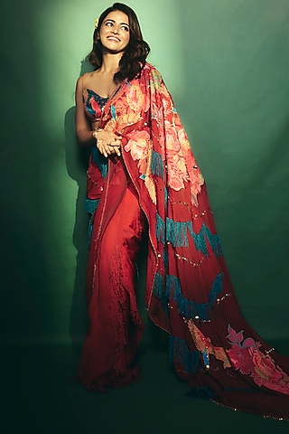Crimson Red Crepe & Organza Hand Embroidered Saree Set by Rishi & Vibhuti