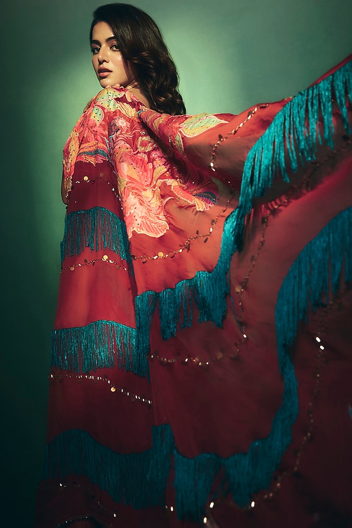 Crimson Red Crepe & Organza Hand Embroidered Reception Saree Set by Rishi & Vibhuti at Pernia's Pop Up Shop