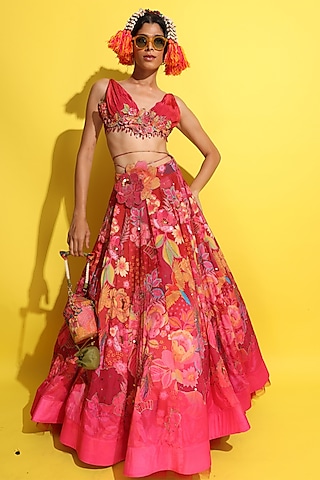 Crimson Red Crepe Sequins Hand Embroidered Lehenga Set by Rishi & Vibhuti
