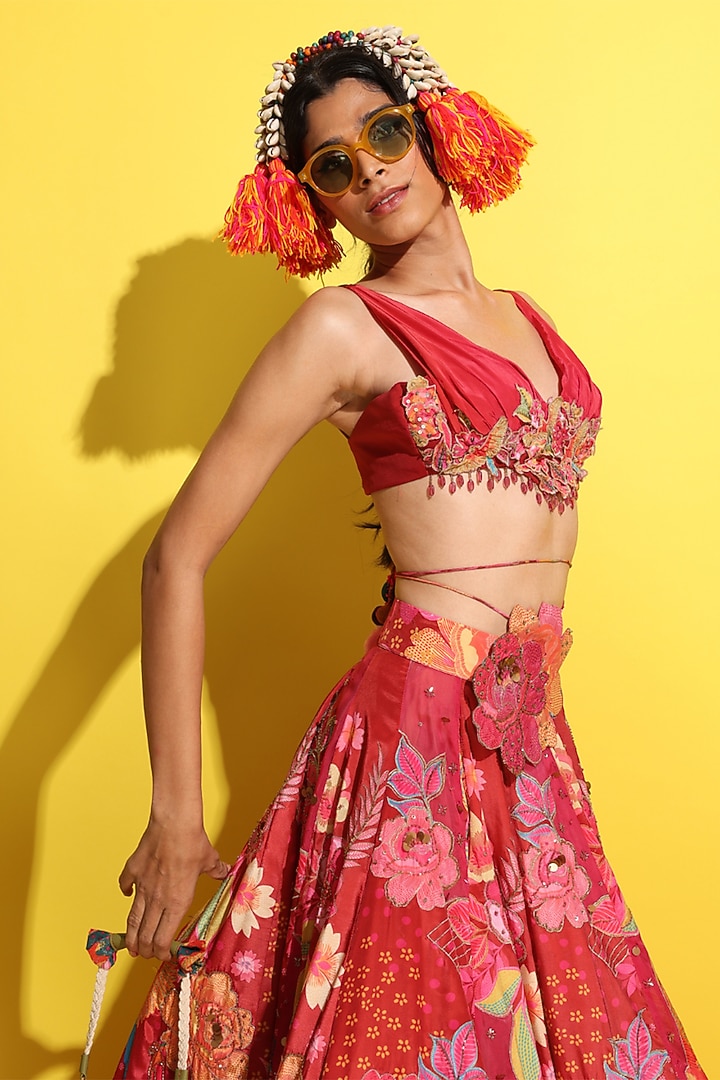 Crimson Red Crepe Sequins Hand Embroidered Bridal Lehenga Set by Rishi & Vibhuti at Pernia's Pop Up Shop