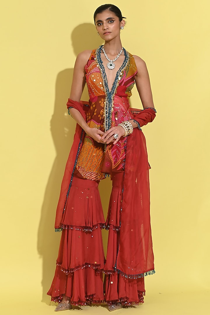 Crimson Red Crepe Hand Embroidered Tiered Gharara Set by Rishi & Vibhuti at Pernia's Pop Up Shop