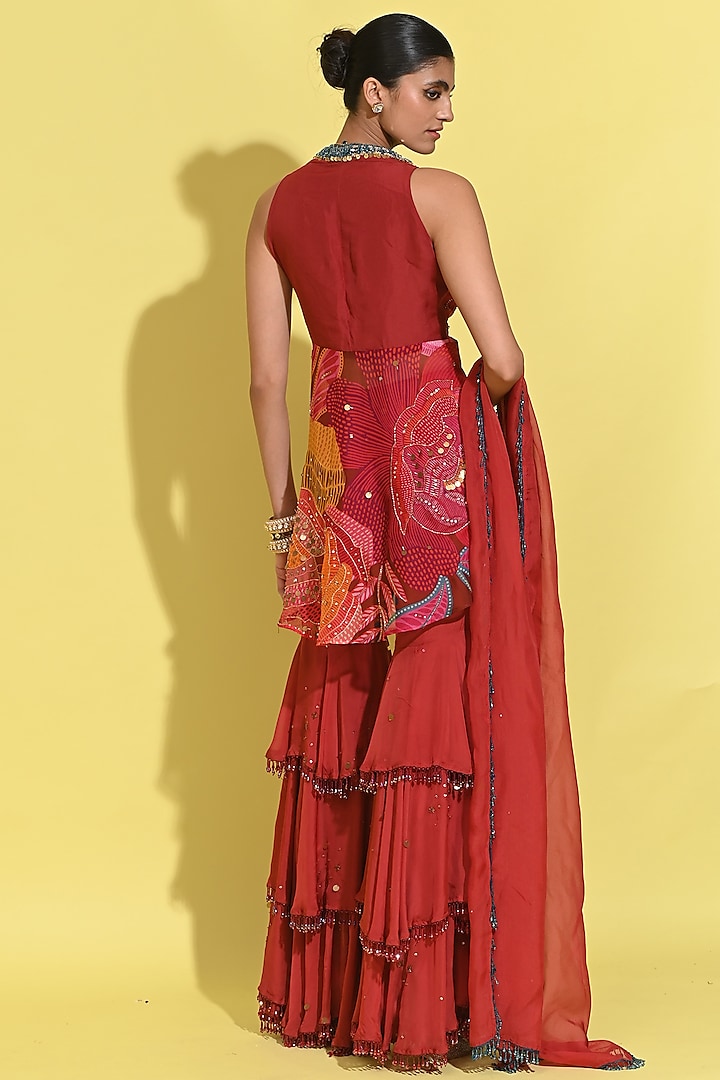 Crimson Red Crepe Hand Embroidered Tiered Gharara Set by Rishi & Vibhuti at Pernia's Pop Up Shop