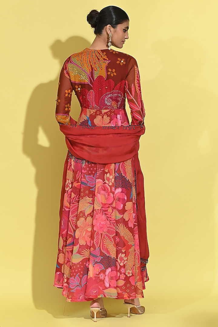 Crimson Red Crepe Hand Embroidered Wedding Anarkali Set by Rishi & Vibhuti at Pernia's Pop Up Shop