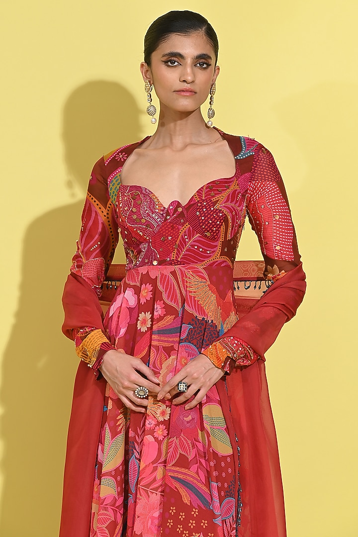 Crimson Red Crepe Hand Embroidered Wedding Anarkali Set by Rishi & Vibhuti at Pernia's Pop Up Shop