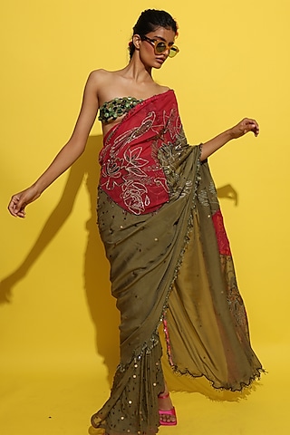 Crimson Red & Olive Crepe Sequins Hand Embroidered Saree Set by Rishi & Vibhuti