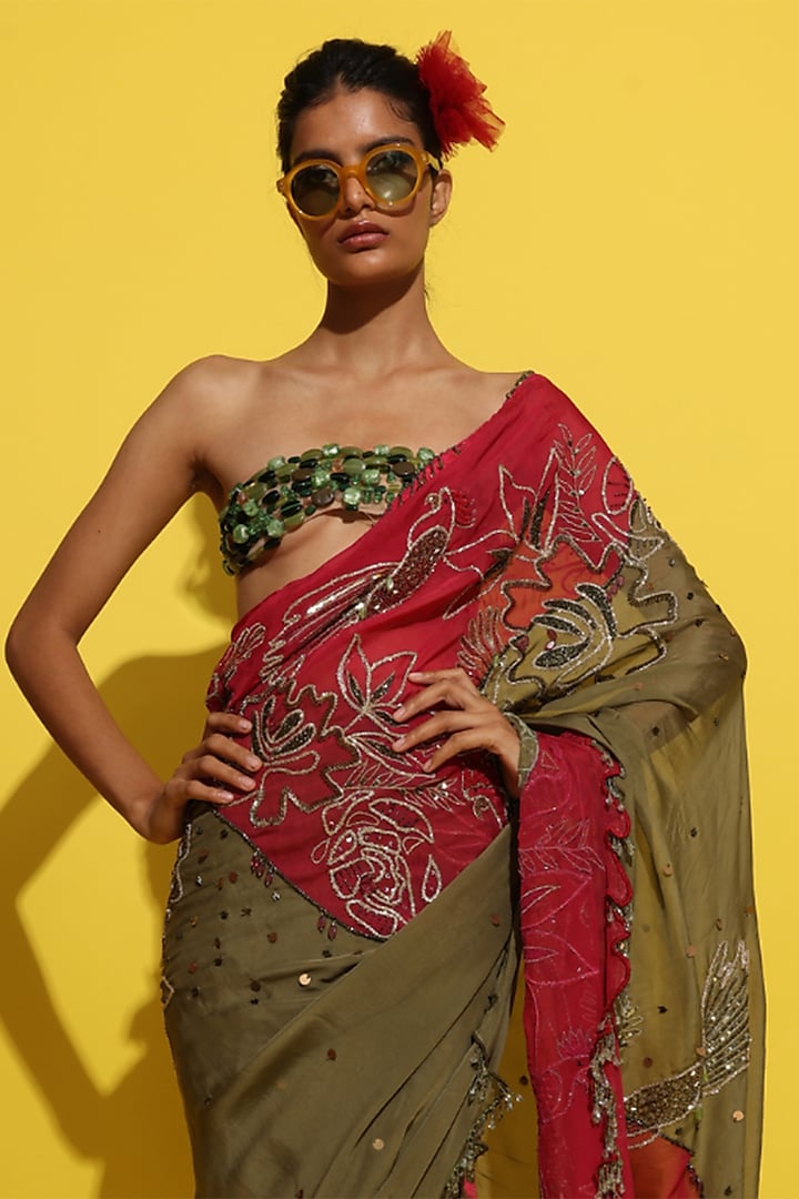 Crimson Red & Olive Crepe Sequins Hand Embroidered Reception Saree Set by Rishi & Vibhuti at Pernia's Pop Up Shop