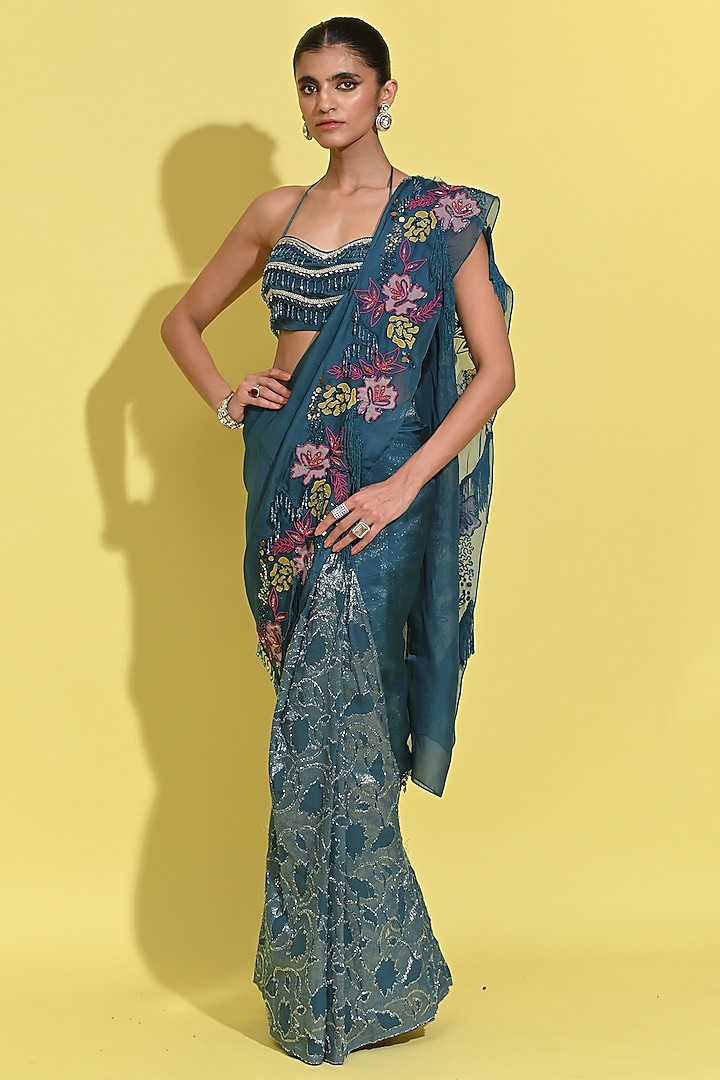 Cyan Blue Jacquard & Organza Skirt Saree Set by Rishi & Vibhuti at Pernia's Pop Up Shop