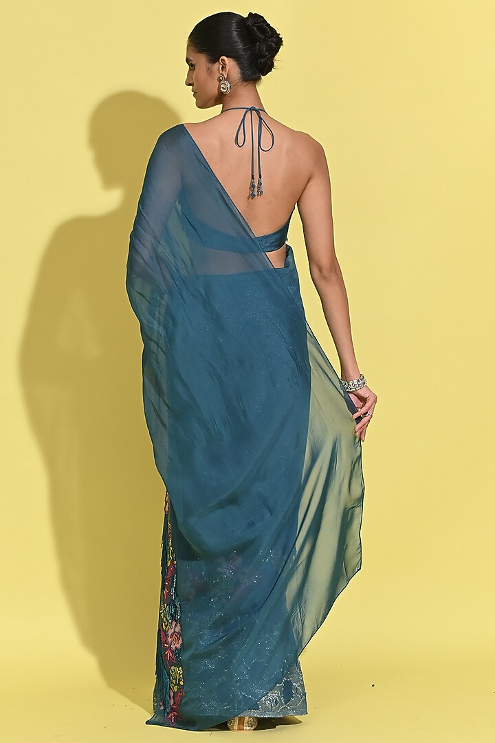 Cyan Blue Jacquard & Organza Skirt Wedding Saree Set by Rishi & Vibhuti at Pernia's Pop Up Shop