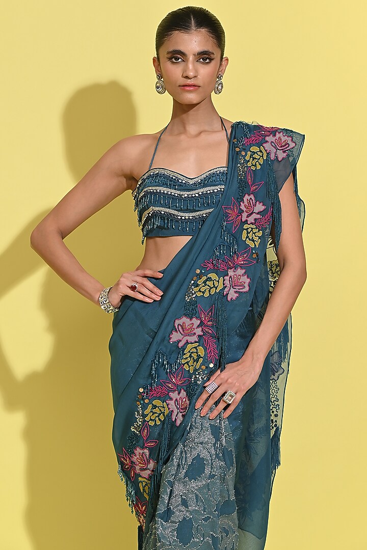 Cyan Blue Jacquard & Organza Skirt Wedding Saree Set by Rishi & Vibhuti at Pernia's Pop Up Shop