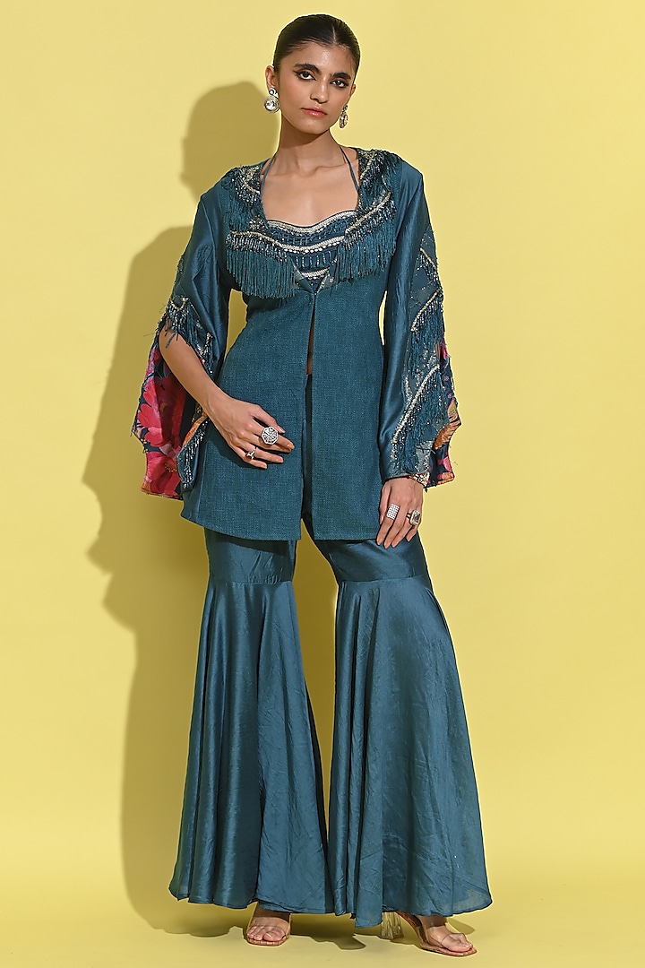 Cyan Blue Crepe & Linen Jute Jacket Set by Rishi & Vibhuti at Pernia's Pop Up Shop