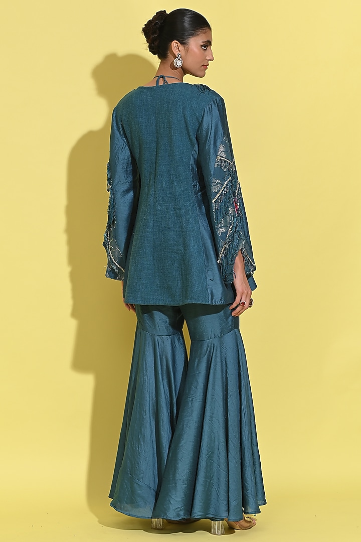 Cyan Blue Crepe & Linen Jute Jacket Set by Rishi & Vibhuti at Pernia's Pop Up Shop