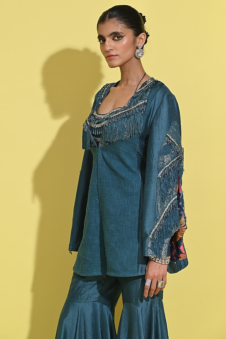 Cyan Blue Crepe & Linen Jute Jacket Set by Rishi & Vibhuti at Pernia's Pop Up Shop