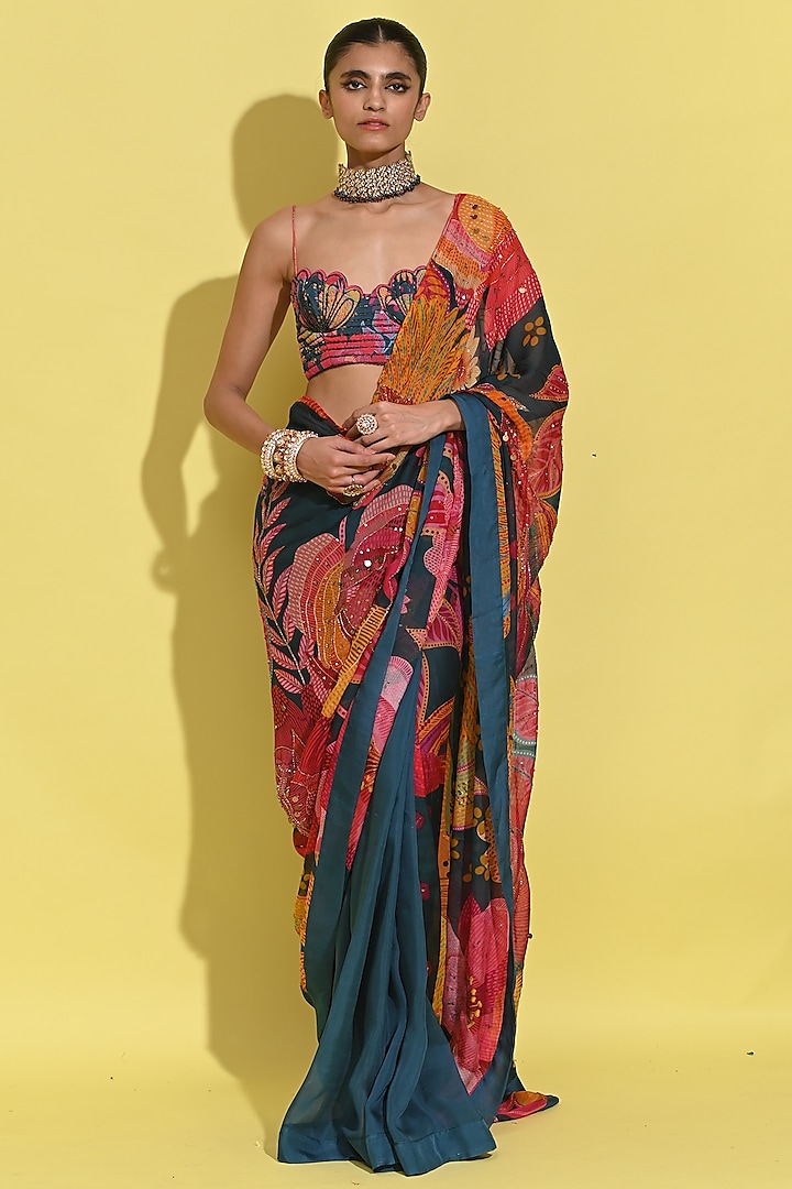 Cyan Blue Organza Saree Set by Rishi & Vibhuti at Pernia's Pop Up Shop