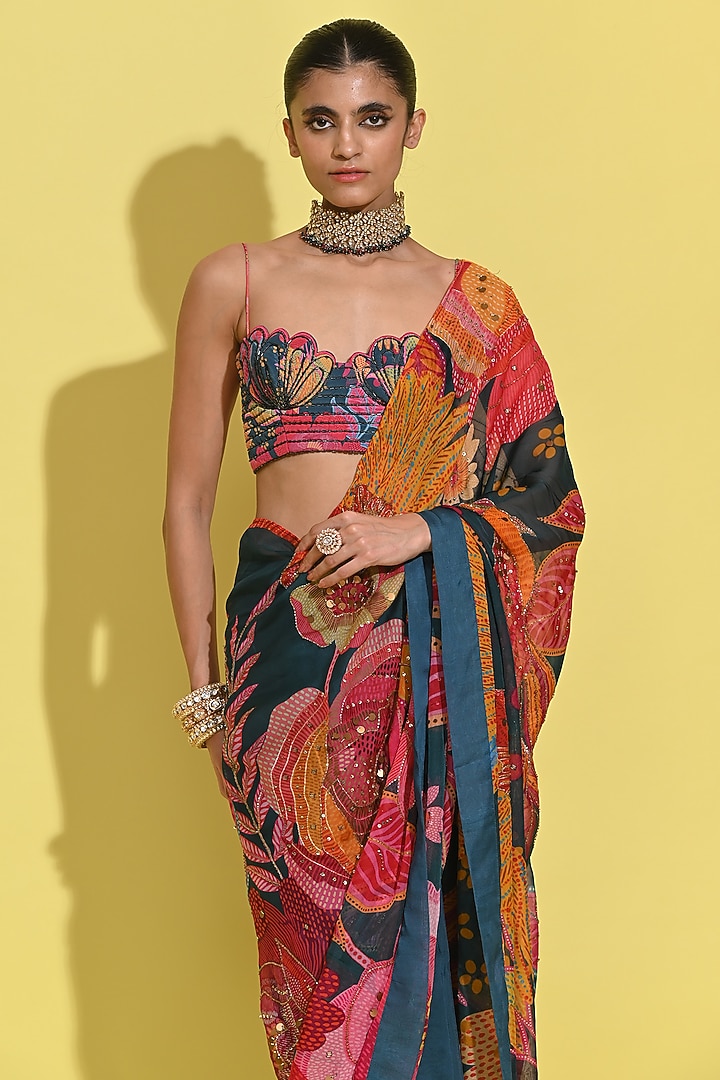 Cyan Blue Organza Wedding Saree Set by Rishi & Vibhuti at Pernia's Pop Up Shop