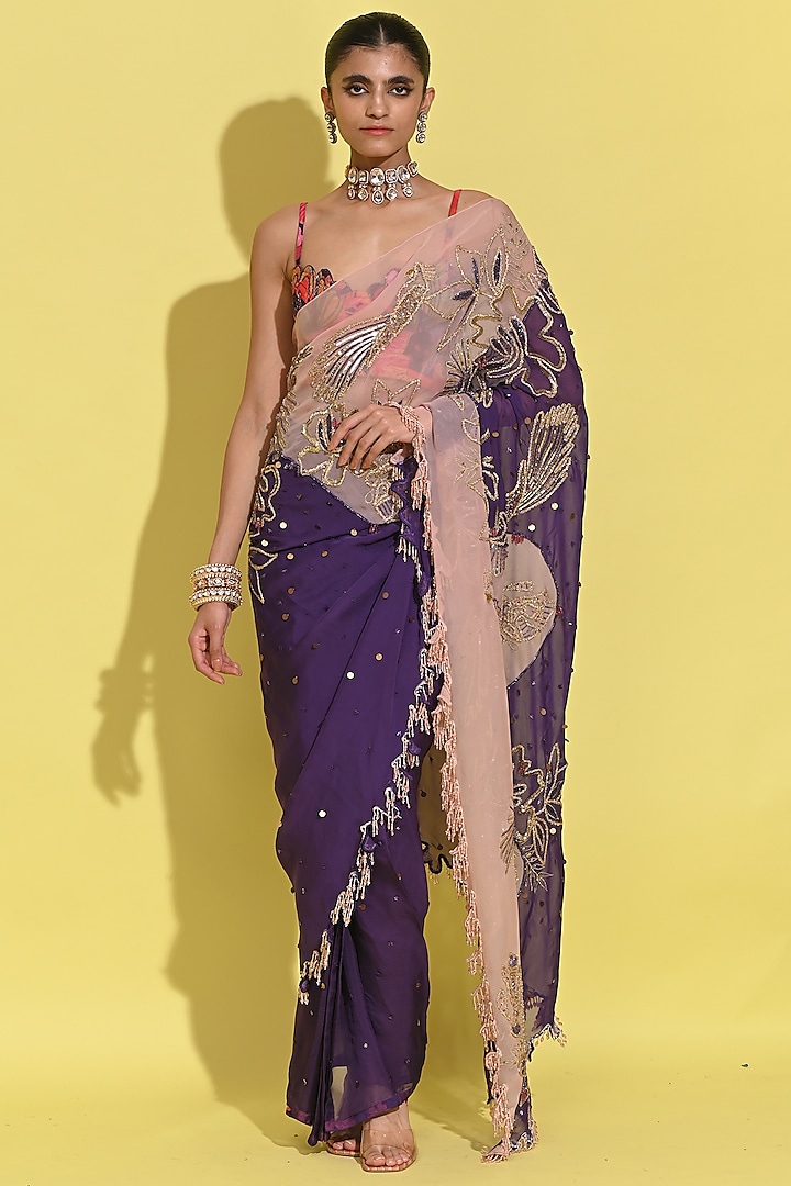 Blush Pink & Purple Organza Hand Embroidered Saree Set by Rishi & Vibhuti at Pernia's Pop Up Shop