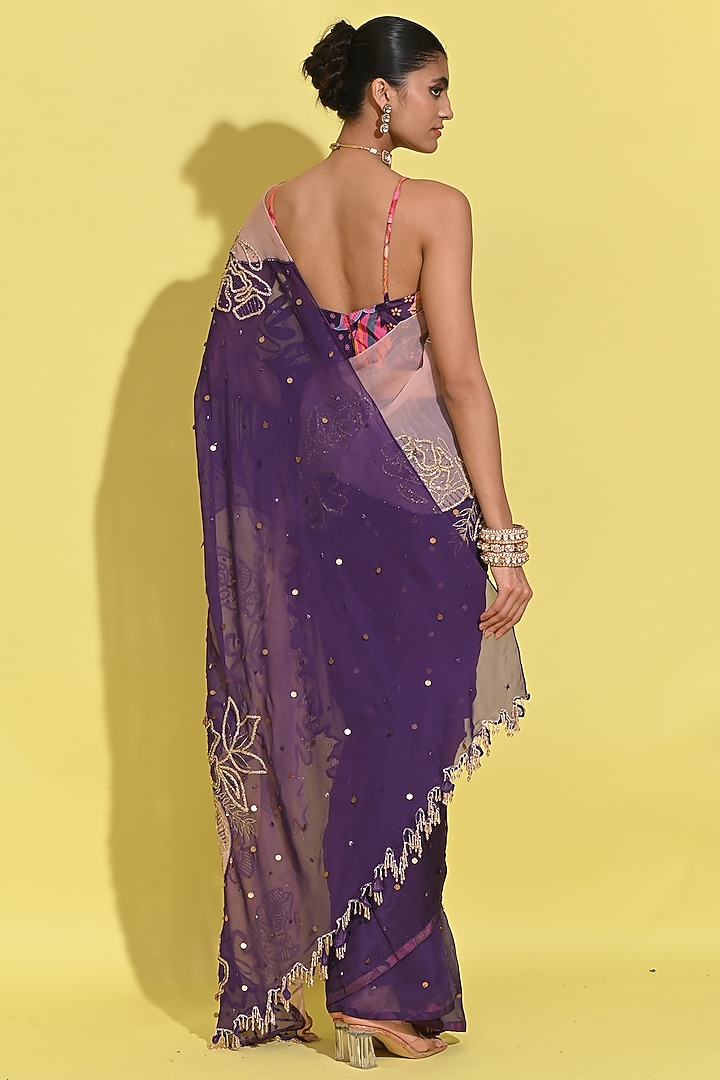 Blush Pink & Purple Organza Hand Embroidered Reception Saree Set by Rishi & Vibhuti at Pernia's Pop Up Shop
