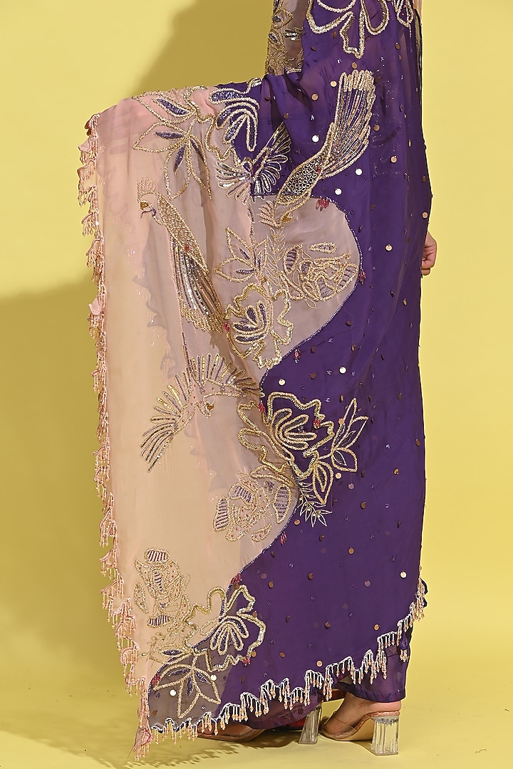 Blush Pink & Purple Organza Hand Embroidered Reception Saree Set by Rishi & Vibhuti at Pernia's Pop Up Shop