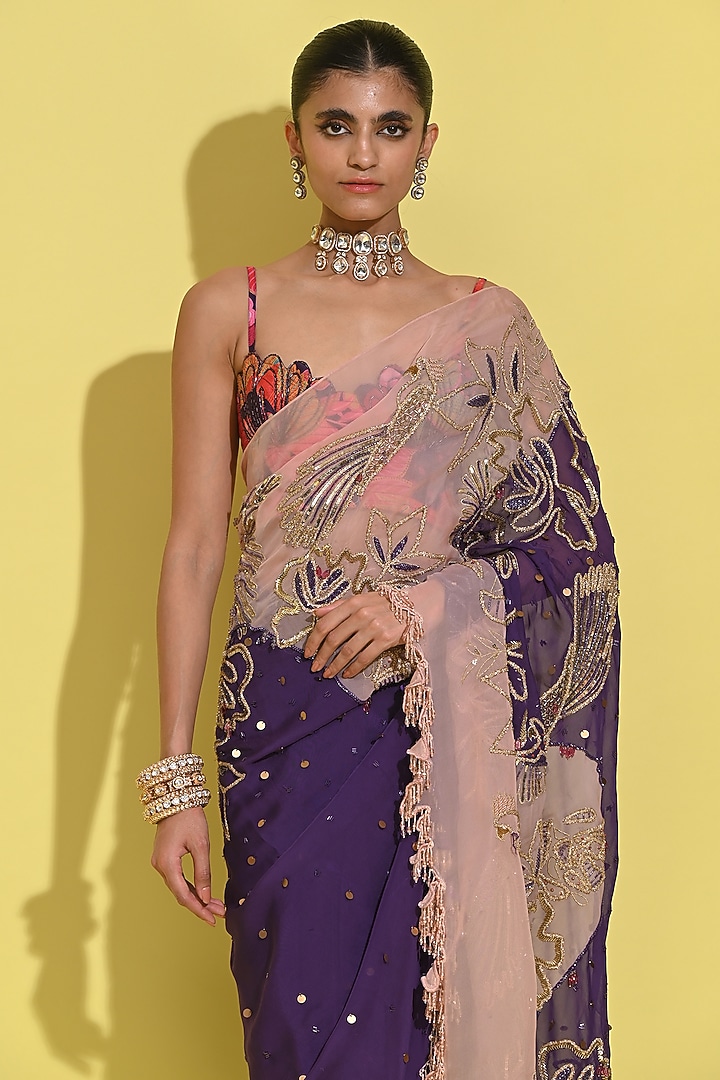 Blush Pink & Purple Organza Hand Embroidered Reception Saree Set by Rishi & Vibhuti at Pernia's Pop Up Shop