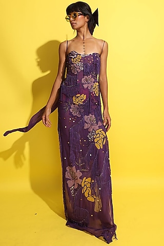 Purple Organza Hand Embroidered Maxi Dress by Rishi & Vibhuti