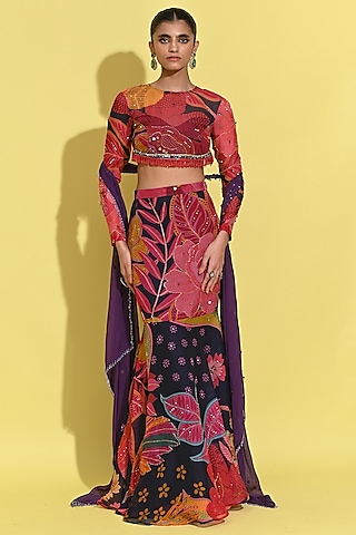 Purple Crepe & Organza Lehenga Set by Rishi & Vibhuti