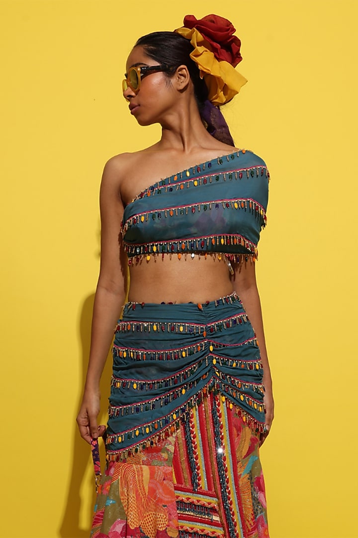 Cyan Blue & Olive Crepe Skirt Set by Rishi & Vibhuti at Pernia's Pop Up Shop