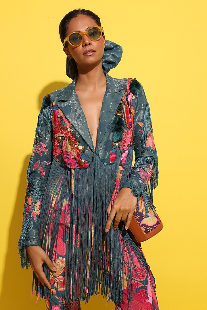 Cyan Blue Crepe & Jacquard Jacket Set by Rishi & Vibhuti at Pernia's Pop Up Shop
