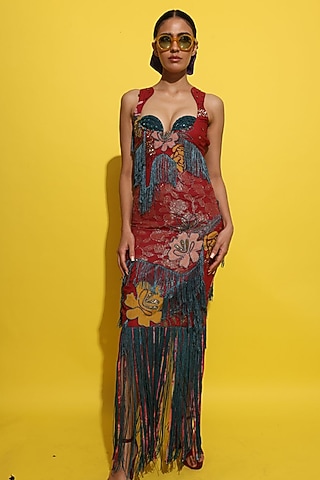 Crimson Red Jacquard Applique Maxi Dress by Rishi & Vibhuti